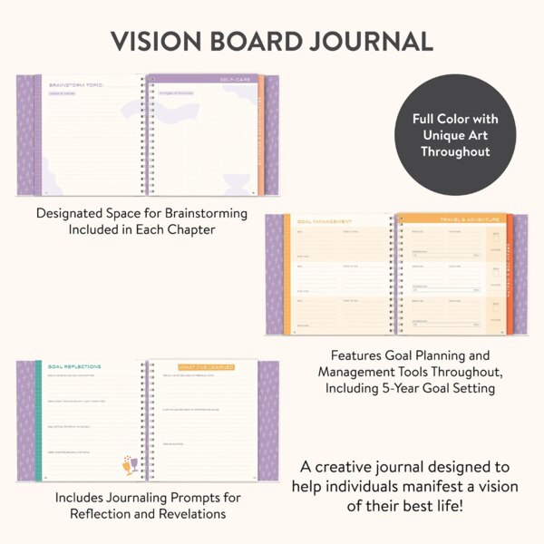 Vision Board Hournal, full color with uniqu art throughout. Designed space for brainstorming included in each chapter. Goal Planning and management tool with 5 year goal setting